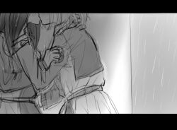 Rule 34 | 2girls, belt, commentary, doodle943545, dress, greyscale, hand on another&#039;s cheek, hand on another&#039;s face, hand on another&#039;s neck, inoue takina, kiss, letterboxed, long hair, long sleeves, lycoris recoil, lycoris uniform, monochrome, multiple girls, nishikigi chisato, pleated dress, rain, short hair, sketch, sweatdrop, symbol-only commentary, yuri
