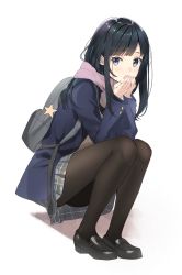 Rule 34 | 1girl, ass, backpack, bag, beige sweater, black footwear, black hair, black pantyhose, blue eyes, blue jacket, blunt bangs, blush, covering own mouth, enpera, full body, grey skirt, hands up, invisible chair, jacket, leaning forward, legs together, light blush, loafers, long hair, long sleeves, looking at viewer, open clothes, open jacket, open mouth, original, own hands together, pantyhose, pink scarf, plaid, plaid skirt, scarf, school bag, school uniform, shadow, shoes, sidelocks, simple background, sitting, skirt, solo, star (symbol), sweater, warming hands, weee (raemz), white background