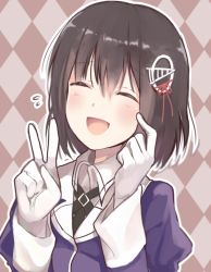 Rule 34 | 10s, 1girl, amripo, black hair, blush, commentary request, closed eyes, gloves, haguro (kancolle), hair ornament, kantai collection, open mouth, short hair, smile, solo, uniform, v