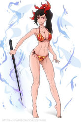 Rule 34 | 1girl, abs, bikini, black hair, ha yuri zahard, red eyes, swimsuit, sword, tower of god, weapon