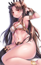 Rule 34 | 1girl, absurdres, anklet, armlet, asymmetrical sleeves, bad id, bad twitter id, bare shoulders, bikini, black bikini, black ribbon, blush, breasts, bridal gauntlets, brown hair, cleavage, crown, detached collar, earrings, fate/grand order, fate (series), hair ribbon, highres, hoop earrings, ishtar (fate), jewelry, long hair, looking at viewer, medium breasts, mismatched bikini, nano (syoutamho), navel, parted bangs, red eyes, ribbon, simple background, single thighhigh, sitting, smile, solo, swimsuit, thick thighs, thighhighs, thighs, tiara, two side up, uneven sleeves, very long hair, wariza, white background, white bikini