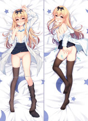 Rule 34 | 1girl, :q, arifureta shokugyou de sekai saikyou, arm up, ass, bare shoulders, bed sheet, black ribbon, black skirt, blonde hair, blue bra, blush, bra, breasts, brown thighhighs, buttons, closed mouth, clothes lift, coat, collarbone, condom, crescent, cum, cum in pussy, dakimakura (medium), facial, hair ribbon, heart, heart-shaped pupils, highres, long coat, long hair, long sleeves, looking at viewer, lying, multiple condoms, multiple views, nipples, no shoes, nose blush, on back, on side, open clothes, open coat, open mouth, open shirt, panties, panty pull, pleated skirt, pussy, qunqing, red eyes, ribbon, shirt, shirt tucked in, skindentation, skirt, skirt lift, small breasts, smile, spread pussy, star (symbol), sweat, symbol-shaped pupils, test tube, thighhighs, thighs, toes, tongue, tongue out, underwear, used condom, white coat, white shirt, yue (arifureta)