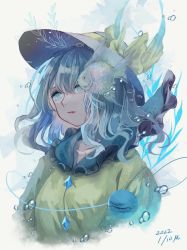 Rule 34 | 1girl, aqua hair, arms at sides, black hat, blouse, bow, bubble, buttons, closed mouth, collarbone, commentary request, dated, diamond button, eyeball, eyelashes, fish, frilled shirt collar, frills, hat, hat bow, hat ribbon, komeiji koishi, lips, m (neteitai10), medium hair, plant, ribbon, shirt, signature, simple background, solo, third eye, touhou, upper body, vines, water drop, wavy hair, white background, yellow bow, yellow ribbon, yellow shirt