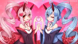 Rule 34 | 2girls, ahoge, azur lane, blue eyes, blue hair, breasts, cleavage, commentary, english commentary, flower, hair ornament, hair ribbon, holding hands, heart, heart hair ornament, heart hands, heart hands duo, highres, horns, huge ahoge, ikazuchi (azur lane), inazuma (azur lane), japanese clothes, karousel, kimono, long hair, long sleeves, looking at viewer, multiple girls, neck ribbon, obi, one eye closed, open mouth, pink hair, ponytail, ribbon, rose, sash, siblings, sidelocks, sisters, slit pupils, smile, very long hair, wide sleeves, yellow eyes