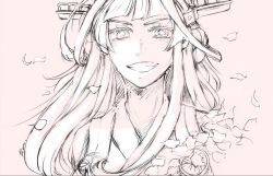 Rule 34 | 10s, 1girl, bad id, bad twitter id, bare shoulders, commentary request, double bun, grin, hair bun, hairband, headgear, japanese clothes, kantai collection, kongou (kancolle), long hair, looking at viewer, monochrome, nontraditional miko, petals, pink background, simple background, smile, solo, upper body, yamada rei (rou)