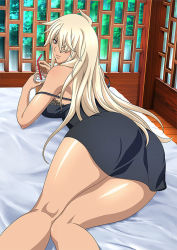 Rule 34 | 1girl, ass, blonde hair, blush, drinking straw, hair over one eye, ice, ice cube, ikkitousen, indoors, kneepits, legs, long hair, looking at viewer, looking back, lying, musashibou benkei (ikkitousen), nightgown, official art, on stomach, smile, soft drink, solo, strap slip, very long hair, wooden floor