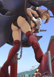 Rule 34 | 1girl, anchor, ass, black panties, black skirt, boots, breasts, brown hair, capelet, flipped hair, focused, from below, giant, giantess, gloves, green eyes, headgear, kantai collection, knee boots, large breasts, looking at viewer, metal belt, midriff, moke ro, museum, mutsu (kancolle), mutsu kai ni (kancolle), outdoors, panties, pantyshot, pleated skirt, propeller, red footwear, red legwear, rigging, short hair, size difference, skirt, solo, standing, turret, twitter username, underwear, white gloves
