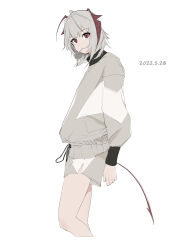 Rule 34 | 1girl, absurdres, ahoge, alternate costume, antennae, arknights, candy, cowboy shot, cropped legs, dated, demon girl, demon horns, demon tail, food, grey hair, grey shorts, grey sweater, highres, horns, lollipop, lyus010, mouth hold, red eyes, short hair, shorts, simple background, solo, sweater, tail, w (arknights), white background