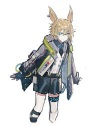 Rule 34 | 1boy, animal ears, arknights, bishounen, black gloves, black shorts, blouse, blue eyes, blush stickers, brown hair, cropped legs, ear piercing, echj, feet out of frame, fingerless gloves, gloves, highres, infection monitor (arknights), jacket, leonhardt (arknights), looking at viewer, male focus, open clothes, open jacket, piercing, rabbit ears, shirt, short hair, shorts, simple background, sketch, solo, standing, suspender shorts, suspenders, thigh strap, white background, white shirt