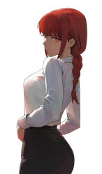 Rule 34 | 1girl, black pants, braid, braided ponytail, breasts, chainsaw man, commentary, english commentary, gyunzai, highres, long hair, long sleeves, looking at viewer, makima (chainsaw man), orange eyes, pants, red hair, ringed eyes, shirt, shirt tucked in, sidelocks, sideways glance, simple background, small breasts, solo, white background, white shirt