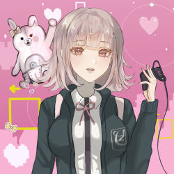 Rule 34 | 1girl, :d, absurdres, bow, breasts, brown hair, collared shirt, controller, danganronpa (series), danganronpa 2: goodbye despair, diaper, ear bow, flipped hair, hair ornament, highres, holding, holding controller, jacket, long sleeves, looking at viewer, medium hair, monomi (danganronpa), nanami chiaki, neck ribbon, open clothes, open jacket, open mouth, pink eyes, ribbon, shirt, smile, spaceship hair ornament, teeth, upper body, upper teeth only, white shirt, zuuin