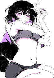 Rule 34 | 1girl, antennae, black hair, blush, breast press, breasts, commentary, crop top, english commentary, fins, grey shorts, hair between eyes, hemuling, highres, looking at viewer, medium breasts, monochrome, monster girl, multicolored hair, navel, original, parted lips, purple eyes, purple hair, short hair, shorts, simple background, sitting, solo, tail, webbed hands