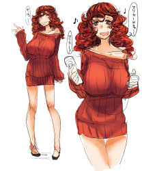 Rule 34 | 1girl, bakuya, blush, breasts, collarbone, controller, curly hair, dress, game controller, half-closed eyes, hanging breasts, highres, huge breasts, legs, long hair, looking at viewer, multiple views, musical note, off shoulder, open mouth, original, oversized clothes, red eyes, red hair, short dress, sketch, slippers, smile, speech bubble, text focus, thigh gap, thumbs up, translation request, v, white background, wii remote