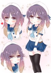 Rule 34 | 1girl, beret, black thighhighs, blue neckerchief, blue sailor collar, blue skirt, blush, brown hair, closed mouth, commentary request, gloves, gradient hair, hair between eyes, hat, heart, highres, kantai collection, multicolored hair, multiple views, neckerchief, one side up, parted lips, pleated skirt, puffy short sleeves, puffy sleeves, purple eyes, purple hair, ridy (ri sui), sailor collar, school uniform, serafuku, shirt, short sleeves, skirt, smile, thighhighs, tsushima (kancolle), white gloves, white hat, white shirt, x-ray