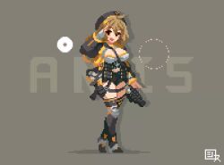 Rule 34 | 1girl, :d, ahoge, animated, anis (nikke), bandolier, beret, black hat, black jacket, black shorts, black thighhighs, breasts, brown eyes, brown hair, character name, cleavage, crop top, fingerless gloves, full body, gloves, goddess of victory: nikke, grey gloves, grey shirt, hat, jacket, large breasts, multicolored clothes, multicolored jacket, open mouth, orange jacket, pixel art, salute, shirosu, shirt, short hair, short shorts, shorts, signature, single glove, smile, solo, standing, tagme, thigh strap, thighhighs, two-tone jacket, video, weapon