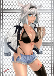 Rule 34 | 1girl, animal ears, bad id, bad pixiv id, bikini, bikini under clothes, blue eyes, breasts, caenis (fate), cleavage, commentary, cup, cutoffs, dark-skinned female, dark skin, denim, denim shorts, dog tags, drinking straw, fate/grand order, fate (series), grin, hair between eyes, hair intakes, hairband, highleg, highleg bikini, holding, holding cup, jacket, jacket on shoulders, jewelry, kokutan kiseru, large breasts, looking at viewer, nail polish, navel, necklace, shorts, single thighhigh, smile, solo, studded jacket, swimsuit, tattoo, thighhighs, torn clothes, torn thighhighs, white hair, white jacket, white nails, wire fence