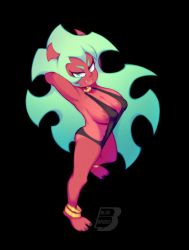Rule 34 | 1girl, bare shoulders, bluebreed, bracelet, breasts, cleavage, closed mouth, collar, collarbone, colored skin, demon girl, green hair, jewelry, large breasts, long hair, looking at viewer, multicolored eyes, navel, panty &amp; stocking with garterbelt, red skin, scanty (psg), slingshot swimsuit, smile, solo, swimsuit