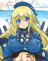 Rule 34 | ..., 10s, 2girls, ?, anger vein, atago (kancolle), blonde hair, blue eyes, blush, breast rest, breasts, breasts on head, covered erect nipples, hat, kantai collection, large breasts, long hair, looking at viewer, multiple girls, okitakung, shimakaze (kancolle), ship, smile, watercraft