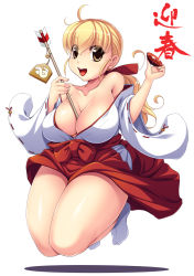 Rule 34 | 1girl, between breasts, blonde hair, breasts, brown eyes, fortune quest, happy, highres, japanese clothes, kanisaka, large breasts, looking at viewer, miko, open mouth, pastel (fortune quest), simple background, smile, solo, tagme, white background