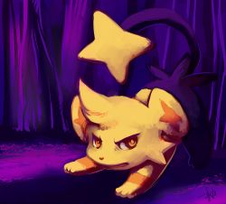 Rule 34 | absurdres, alternate color, angry, bad deviantart id, bad id, commentary, creature, creatures (company), full body, game freak, gen 4 pokemon, glitchedpuppet, highres, looking at viewer, nintendo, no humans, orange eyes, pokemon, pokemon (creature), pokemon move, purple background, shinx, shiny pokemon