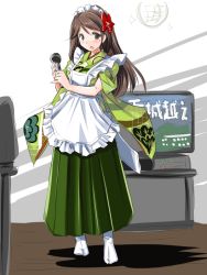 Rule 34 | 10s, 1girl, alternate costume, amagi (kancolle), apron, brown eyes, brown hair, commentary request, disco ball, enmaided, full body, furisode, japanese clothes, kantai collection, karaoke, kimono, looking at viewer, maid, maid apron, maid headdress, microphone, mole, mole under eye, obi, open mouth, sash, solo, tatsumi ray, television, wa maid