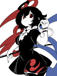 Rule 34 | 1girl, ahoge, asymmetrical wings, berusuke (beru no su), black dress, black hair, black thighhighs, black wristband, blue wings, bow, bowtie, breasts, center frills, commentary request, cowboy shot, dress, frills, holding, holding polearm, holding weapon, houjuu nue, limited palette, looking at viewer, mitsudomoe (shape), polearm, red eyes, red wings, short hair, short sleeves, small breasts, smile, snake, solo, thighhighs, tomoe (symbol), touhou, weapon, white background, wings