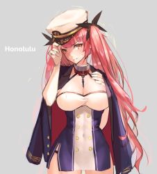 Rule 34 | 1girl, adjusting clothes, adjusting headwear, azur lane, breasts, chain, character name, cleavage, dress, elbow gloves, gloves, ha2ru, hair ribbon, hat, honolulu (azur lane), jacket, jacket on shoulders, large breasts, long hair, looking at viewer, red hair, ribbon, solo, twintails, white gloves
