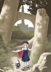 Rule 34 | 1girl, arch, bag, blonde hair, blue eyes, blush, cat, dress, forest, hat, mary janes, nature, nokia (harusion), original, pantyhose, pillar, ruins, shoes, sketchbook, smile, solo, tower, white pantyhose