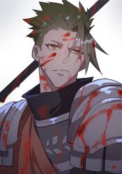Rule 34 | 1boy, absurdres, achilles (fate), armor, blood, blood on clothes, blood on face, bloody weapon, closed mouth, fate/apocrypha, fate (series), green hair, haruakira, highres, looking to the side, male focus, orange eyes, orange sash, polearm, short hair, shoulder armor, simple background, solo, undercut, upper body, weapon, white background