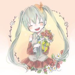 Rule 34 | 1girl, :d, ^ ^, aqua hair, blush, bouquet, bow, collared shirt, dated, detached sleeves, closed eyes, flower, hair bow, happy birthday, hatsune miku, holding, holding flower, mitsuka, necktie, open mouth, shirt, skirt, smile, solo, twintails, vocaloid