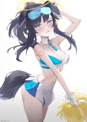Rule 34 | 1girl, absurdres, animal ears, bare shoulders, bei liou, black hair, blue archive, blue eyes, blush, breasts, cheerleader, cleavage, crop top, dog ears, dog girl, dog tail, eyewear on head, goggles, goggles on head, halo, hibiki (blue archive), hibiki (cheer squad) (blue archive), highres, holding, long hair, looking at viewer, medium breasts, millennium cheerleader outfit (blue archive), navel, official alternate costume, pom pom (cheerleading), skirt, solo, star sticker, sticker on arm, sticker on face, tail, text print, yellow halo
