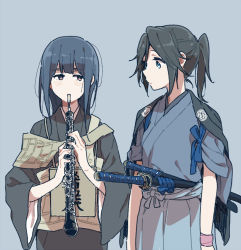 Rule 34 | 2girls, alternate costume, blue background, blue eyes, blue hair, blue ribbon, blush, bow, brown eyes, closed mouth, commentary request, grey hair, hair between eyes, hibike! euphonium, holding, holding instrument, instrument, japanese clothes, kasaki nozomi, katana, kimono, liz to aoi tori, long hair, long sleeves, looking at another, multiple girls, oboe, ponytail, ree (re-19), ribbon, short sleeves, sidelocks, simple background, smile, standing, sword, upper body, weapon, wide sleeves, wristband, yoroizuka mizore