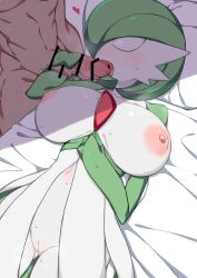 Rule 34 | 1boy, 1girl, bar censor, bed sheet, blush, bob cut, breasts, breasts apart, censored, cleft of venus, closed eyes, collarbone, colored skin, cowboy shot, creatures (company), erection, fellatio, game freak, gardevoir, gen 3 pokemon, green hair, green skin, groin, hair over one eye, hands up, heart, hetero, highres, interspecies, kuro mushi, large breasts, licking, light blush, lying, multicolored skin, navel, nintendo, nipples, nose blush, on back, on bed, one eye covered, open mouth, oral, penis, pillow, pokemon, pokemon (creature), pussy, saliva, short hair, solo focus, standing, sweat, tongue, tongue out, two-tone skin, u u, uncensored, white skin