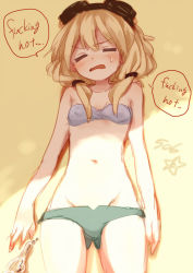 Rule 34 | 1girl, asymmetrical clothes, bad id, bad pixiv id, beach, bikini, blonde hair, blush, breasts, carla j. luksic, cleavage, closed eyes, collarbone, english text, gluteal fold, green bikini, groin, hot, kodamari, long hair, low twintails, lying, mismatched bikini, navel, noble witches, on back, open mouth, profanity, small breasts, solo, strapless, strapless bikini, strike witches, sweatdrop, swimsuit, twintails, white bikini, world witches series