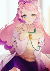 Rule 34 | 1girl, closed mouth, coat, creatures (company), game freak, green eyes, long hair, long sleeves, looking at viewer, miriam (pokemon), multicolored hair, nintendo, open clothes, open coat, pink hair, pokemon, pokemon sv, purple hair, rindoriko, skirt, smile, solo, stethoscope, striped clothes, striped skirt, sweater, two-tone hair, white coat