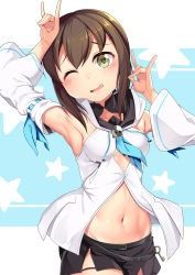 Rule 34 | 1girl, armpits, arms up, bare shoulders, black shorts, blue background, blue neckerchief, blue ribbon, blush, breasts, brown hair, center opening, cleavage, commentary request, cosplay, cowboy shot, detached sleeves, double fox shadow puppet, drawstring, fox shadow puppet, front slit, fubuki (kancolle), green eyes, groin, hair between eyes, head tilt, highres, hololive, hood, hood down, kantai collection, key, long hair, looking at viewer, low ponytail, medium breasts, midriff, name connection, navel, neckerchief, one eye closed, open mouth, ponytail, ribbon, ribbon-trimmed sleeves, ribbon trim, shirakami fubuki, shirakami fubuki (1st costume), shirakami fubuki (cosplay), shirt, short ponytail, short shorts, shorts, sideboob, sidelocks, sleeveless, sleeveless shirt, solo, standing, star (symbol), starry background, strapless, virtual youtuber, white background, white shirt, white sleeves, wide sleeves, yasume yukito