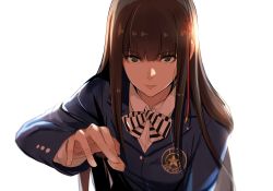 Rule 34 | 10s, 1girl, backlighting, blazer, blue jacket, bow, bowtie, brown hair, collared shirt, green eyes, hair between eyes, hair ribbon, hair tie, hime cut, isshiki (ffmania7), jacket, leaning forward, long sleeves, looking at viewer, outstretched hand, parted lips, persona, persona 5, ribbon, school uniform, shirt, shogi, shogi piece, solo, striped bow, striped bowtie, striped clothes, striped neckwear, tougou hifumi, white shirt