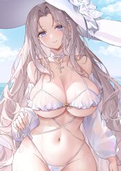 1girl absurdres again_(depr4447) azur_lane bare_shoulders bikini blue_eyes blue_sky blush breasts choker cleavage cross hat highres large_breasts long_hair looking_at_viewer navel ocean official_alternate_costume outdoors see-through_clothes see-through_sleeves sky solo sun_hat swimsuit very_long_hair white_bikini white_choker white_hair yorktown_(azur_lane) yorktown_ii_(azur_lane) yorktown_ii_(bright-sky_mermaid)_(azur_lane)