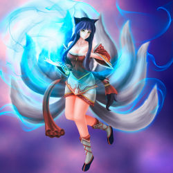 Rule 34 | 1girl, absurdres, ahri (league of legends), allen (pixiv), animal ears, bare shoulders, bell, blue hair, boots, braid, breasts, cleavage, detached sleeves, energy ball, facial mark, fox ears, fox tail, highres, korean clothes, large breasts, league of legends, long hair, multiple tails, orb, solo, tail, very long hair, whisker markings, yellow eyes