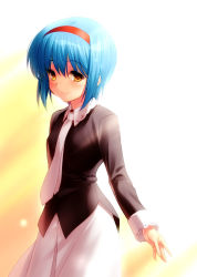 Rule 34 | 1girl, blue hair, blush, breasts, closed mouth, commentary, commentary request, ears visible through hair, hairband, little busters!, long sleeves, looking at viewer, necktie, nishizono mio, pink necktie, pink skirt, red hairband, short hair, simple background, skirt, solo, yellow eyes, zen