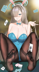 Rule 34 | 1girl, absurdres, animal ears, asuna (blue archive), blue archive, blue eyes, blush, breasts, card, cleavage, fake animal ears, feet, grin, hair over one eye, highres, large breasts, leotard, long hair, looking at viewer, pantyhose, playing card, rabbit ears, smile, soles, steam, toes