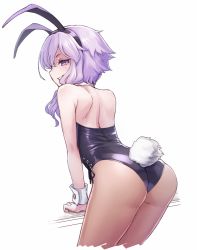 Rule 34 | 1girl, absurdres, animal ears, ass, bare shoulders, bright pupils, brown pantyhose, cowboy shot, cropped legs, detached collar, fake animal ears, grin, hairband, highres, leaning forward, leotard, mochi (mochi444420), pantyhose, playboy bunny, profile, purple eyes, purple hair, rabbit ears, rabbit tail, short hair with long locks, shoulder blades, sidelocks, simple background, smile, solo, tail, vocaloid, voiceroid, white background, white pupils, wrist cuffs, yuzuki yukari