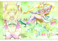 Rule 34 | 2girls, adapted costume, armor, blonde hair, bow, character name, clone, cure echo, dual persona, earrings, closed eyes, facing viewer, full body, gloves, green background, green bow, green skirt, hair ornament, hair ribbon, heart, heart hair ornament, highres, jewelry, kurose kousuke, long hair, magical girl, armored boots, midriff, multiple girls, navel, pink bow, pink ribbon, precure, precure all stars new stage: mirai no tomodachi, ribbon, sakagami ayumi, skirt, smile, twintails, waist bow, yellow eyes