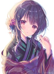 Rule 34 | 1girl, black hair, blush, commentary request, flower, hair flower, hair ornament, hanai yuyu, haori, head tilt, highres, idolmaster, idolmaster shiny colors, japanese clothes, kimono, looking at viewer, morino rinze, obi, red eyes, red flower, sash, simple background, smile, sweat, upper body, white background
