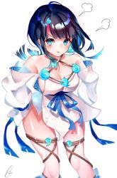 Rule 34 | 1girl, bare shoulders, blue eyes, blue ribbon, blush, breasts, chiachun0621, cleavage, dress, fate/grand order, fate/requiem, fate (series), fundoshi, hands on own hips, highres, japanese clothes, jewelry, large breasts, long sleeves, looking at viewer, magatama, magatama hair ornament, medium hair, multicolored hair, necklace, pelvic curtain, pout, puffy cheeks, puffy long sleeves, puffy sleeves, ribbon, seigaiha, short dress, sideboob, sideless outfit, sidelocks, simple background, streaked hair, thighs, utsumi erice, white background, white dress