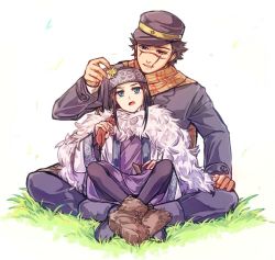 Rule 34 | 10s, 1boy, 1girl, ainu, ainu clothes, araiguma (gomipanda123), asirpa, bandana, black hair, blue eyes, boots, brown eyes, cape, coat, earrings, fur boots, fur cape, golden kamuy, grass, hat, hoop earrings, jewelry, crossed legs, long hair, long sleeves, looking at another, military, military hat, military uniform, open mouth, pants, scar, scar on face, scarf, short hair, simple background, sitting, sitting on lap, sitting on person, sugimoto saichi, uniform, white background, wide sleeves