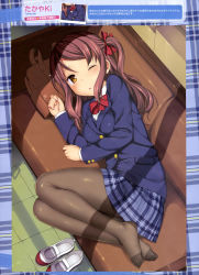 Rule 34 | 1girl, ;o, absurdres, bag, black pantyhose, brown hair, couch, feet, feet together, highres, lying, one eye closed, pantyhose, school uniform, shoes, unworn shoes, sleeping, takayaki, toes, twintails, waking up, wink, yellow eyes