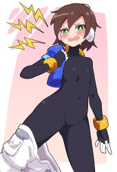 Rule 34 | 1girl, absurdres, aile (mega man zx), black bodysuit, blue jacket, blush, bodysuit, breasts, buzzlyears, cropped jacket, highres, jacket, looking at viewer, mega man (series), mega man zx, open mouth, short sleeves, small breasts, solo, sweat, undressing