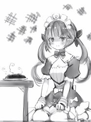 Rule 34 | 1girl, :i, apron, bad food, blush, bow, braid, breasts, cleavage, dress, greyscale, hair bow, highres, hololive, jitome, looking at viewer, maid, maid apron, maid headdress, minato aqua, minato aqua (1st costume), monochrome, nanashi (nlo), nervous sweating, plate, puffy short sleeves, puffy sleeves, seiza, short sleeves, sitting, solo, sweat, twintails, virtual youtuber