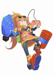 Rule 34 | 1girl, blue eyes, brown hair, full body, gloves, long hair, mechanical arms, open mouth, pantyhose, ponytail, precis neumann, single mechanical arm, skirt, solo, star ocean, star ocean the second story, torn clothes, yucopi